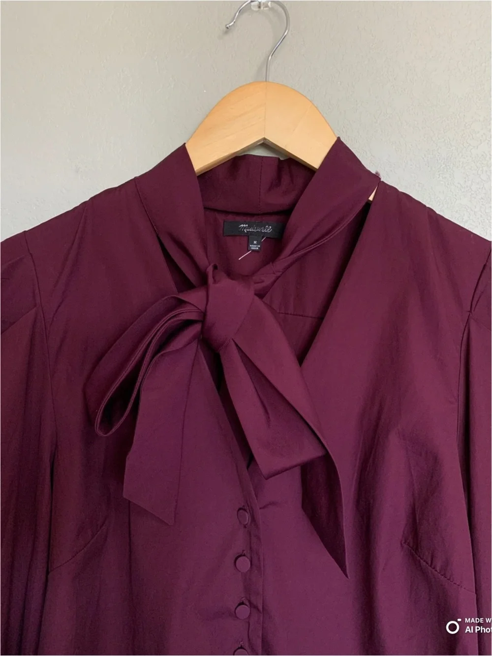 Madewell Medium V-Neck Button Front Top With Neck Tie in Dark Pomegranate NWOT